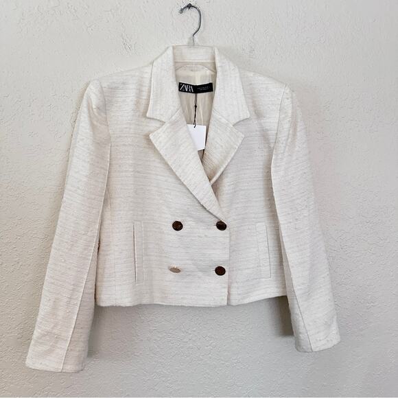NWT Zara Tweed Crop White Gold Button Blazer XL - Picture 2 of 5